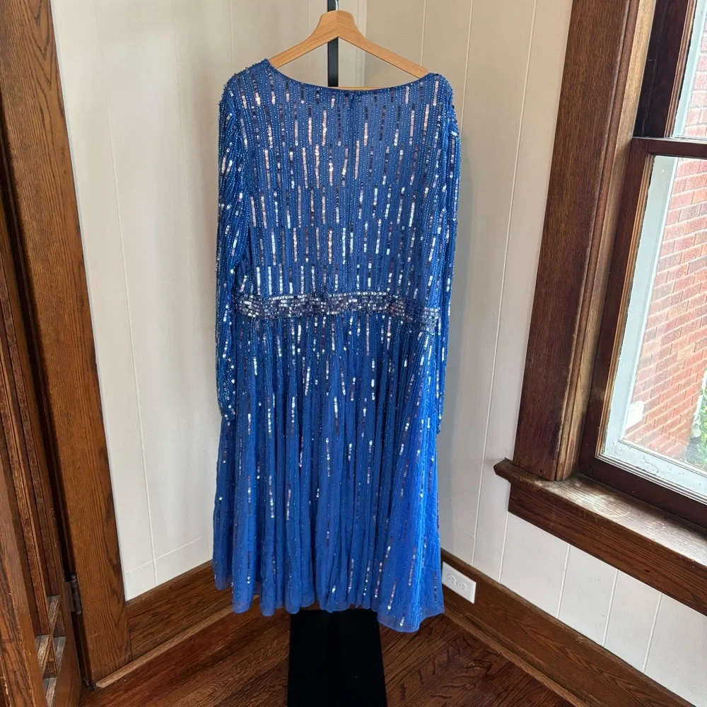Mac Duggal Light Blue Sequin Tea-Length V-Neck Long Sleeve Formal Dress 22 *NOTE - Picture 13 of 16